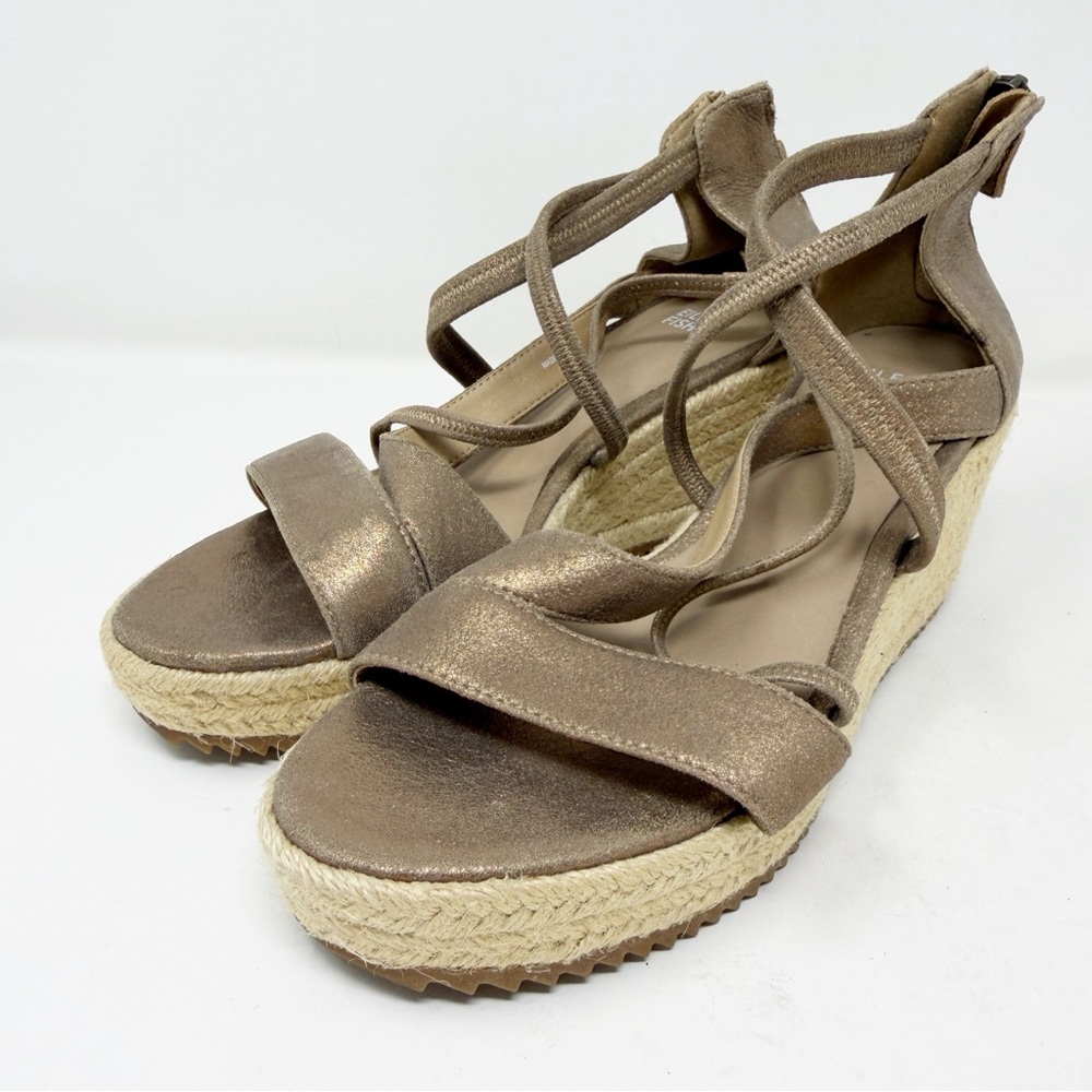 Eileen Fisher Wanda Strappy Leather Wedge Platform Metallic Gold Sandals Size 8